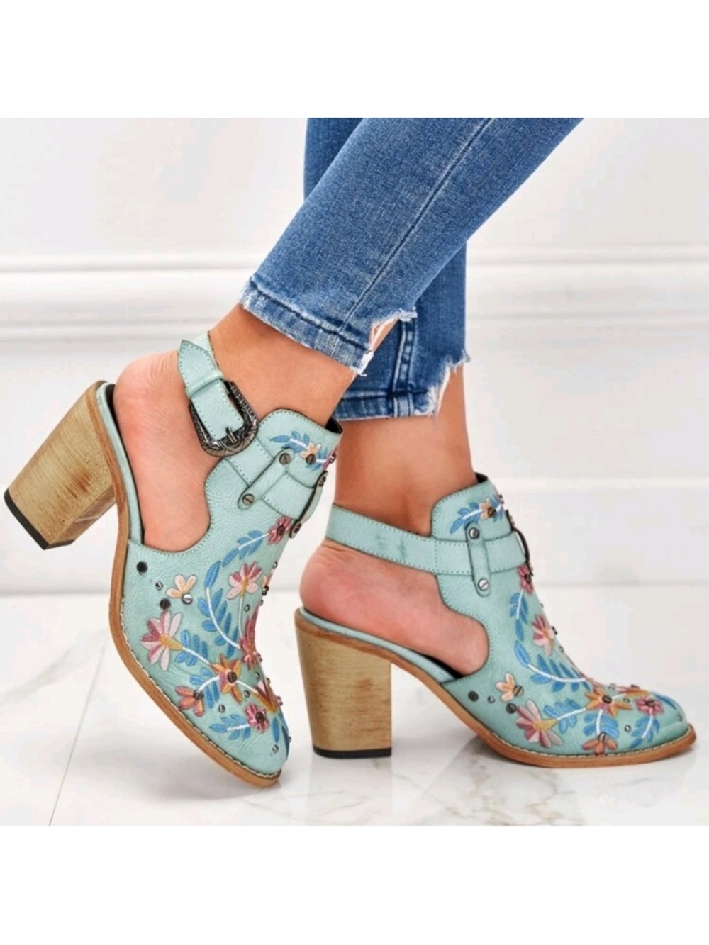 Mint Floral Embroidered Block Heel Mules